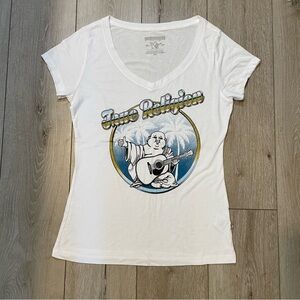 True Religion Women's White‎ Buddha Guitar V-Neck Graphic Tee Shirt Y2K Medium